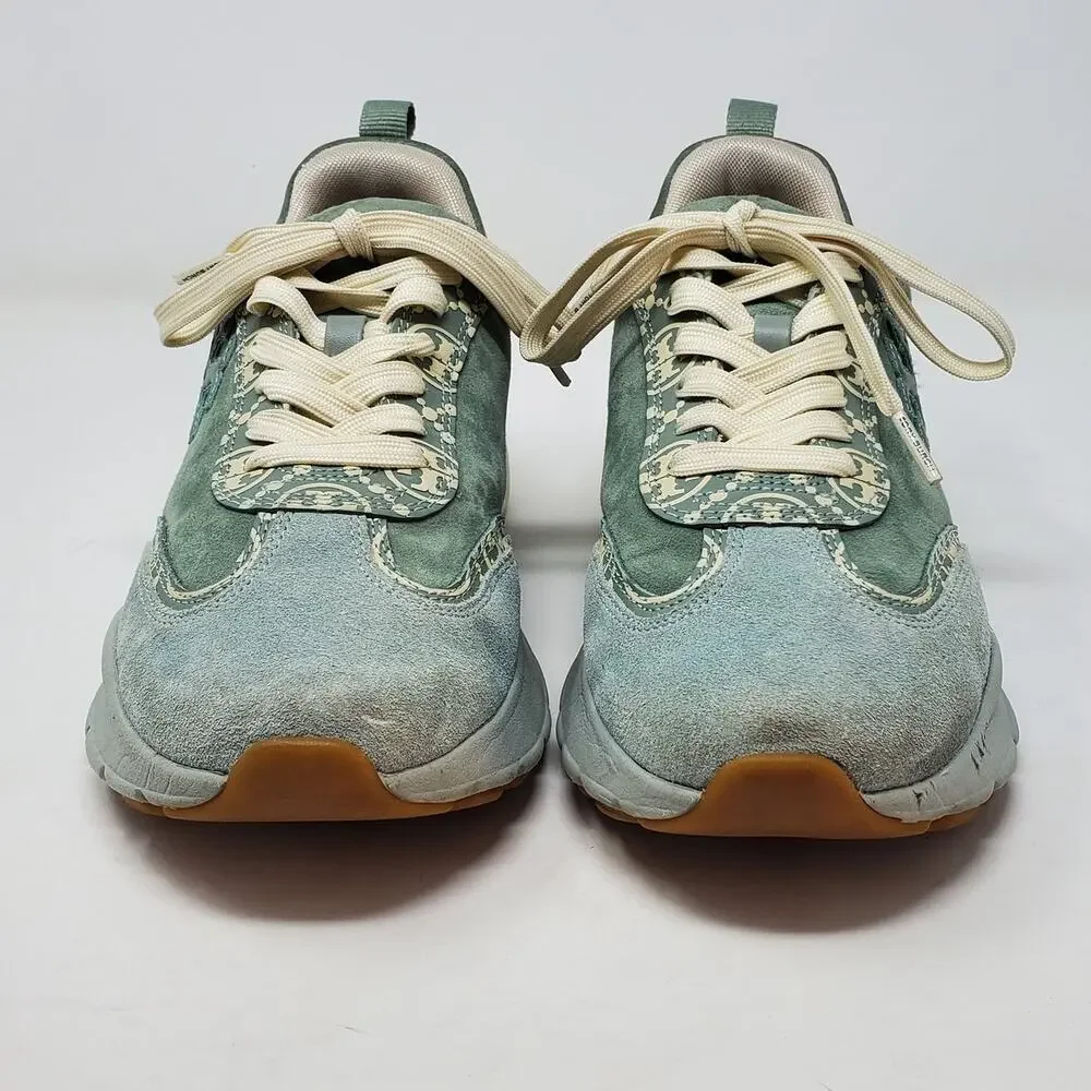 Tory Burch T Monogram Good Luck Trainer Suede Sneakers Blue Celadon Size US 9